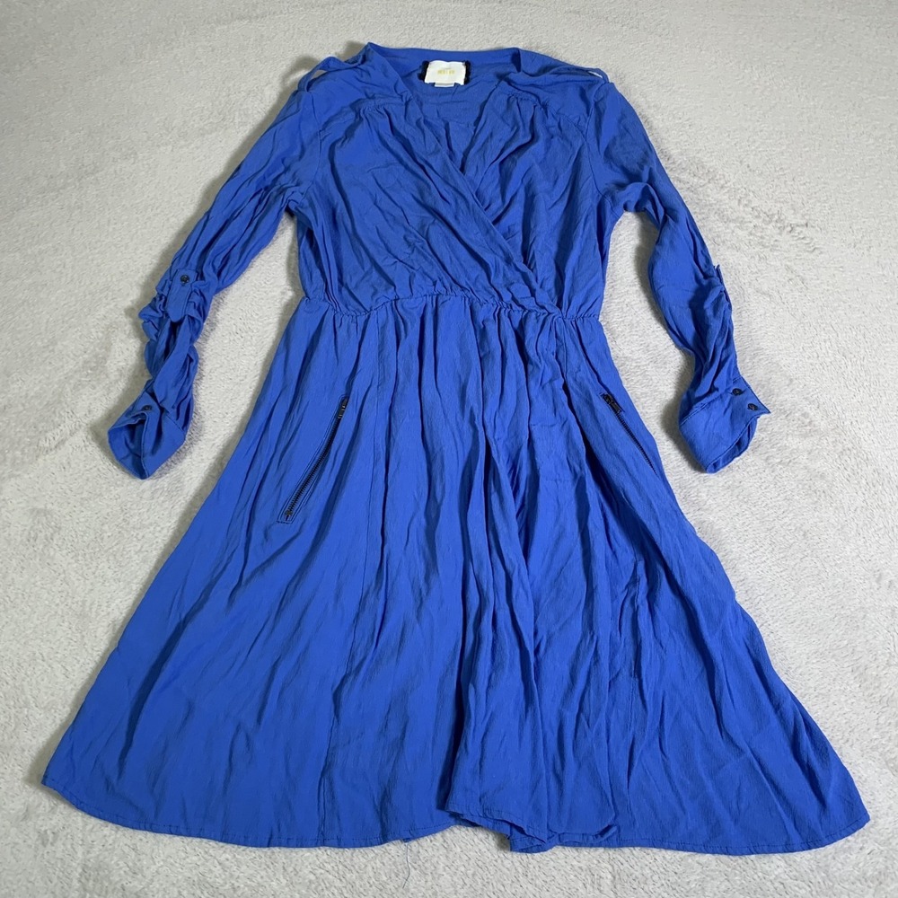 Maeve Dress Womens Small Blue Wrap Long Sleeve Midi Fit & Flare Zip Pockets Boho